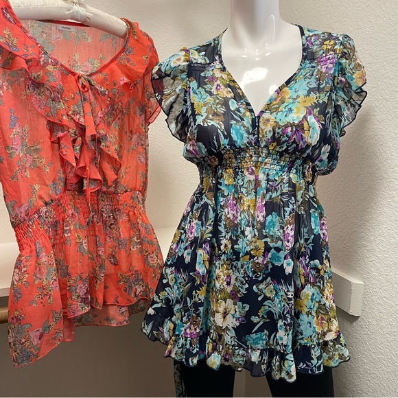 POETRY✌️2 Blouse BUNDLE Lightweight Semi Sheer Coral/Navy Floral Blouses Sz S - Picture 6 of 8